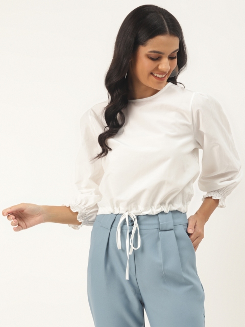 

Trendyol Women White Puff Sleeves Cinched Waist Top with Tie-Up
