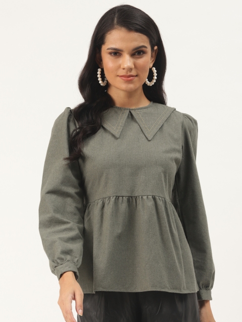 

TRENDYOL COLLECTION Women Olive Green Puff Sleeves A-Line Top with Gathers