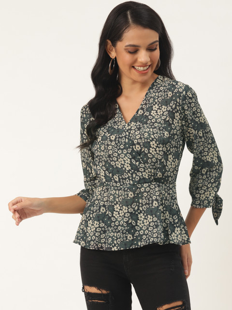 

Trendyol Women Green Off-White Floral Print Puff Sleeves Wrap Top