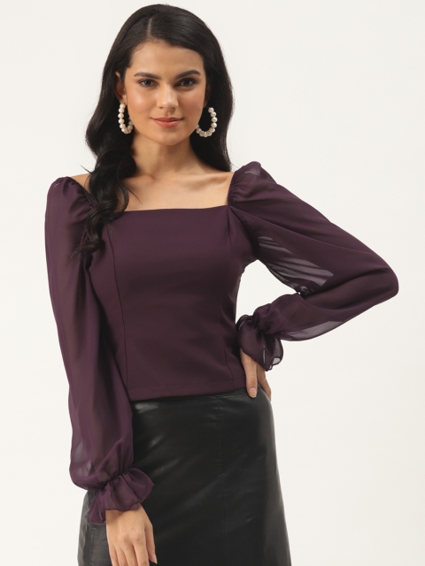 

TRENDYOL COLLECTION Women Aubergine Puff Semi-Sheer Sleeves Square Neck Fitted Top, Purple
