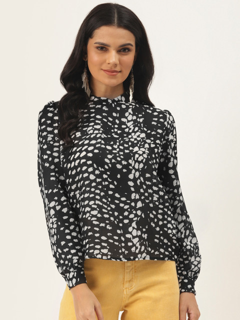 

TRENDYOL COLLECTION Women Black & White Snakeskin Print Stand Collar Puff Sleeves Top