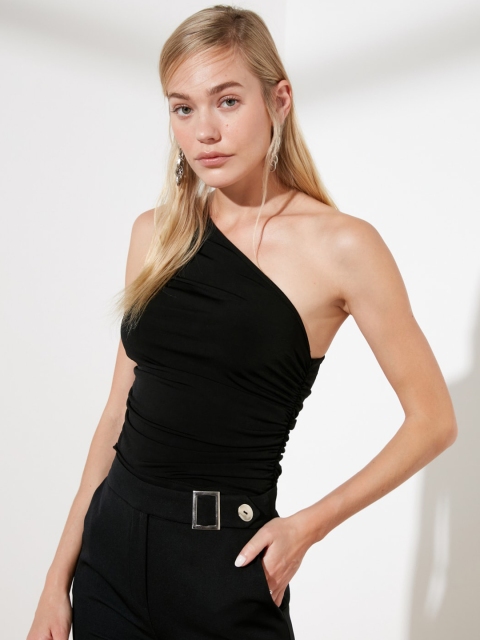 

TRENDYOL COLLECTION Women Black Solid Ruched One-Shoulder Fitted Top