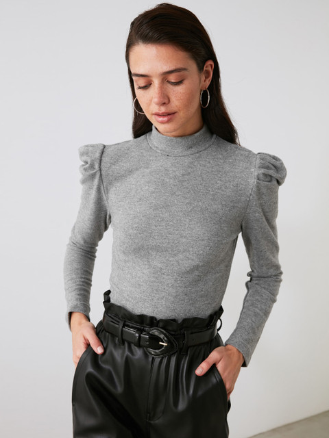 

TRENDYOL COLLECTION Women Grey Melange Solid Puff Sleeved Top