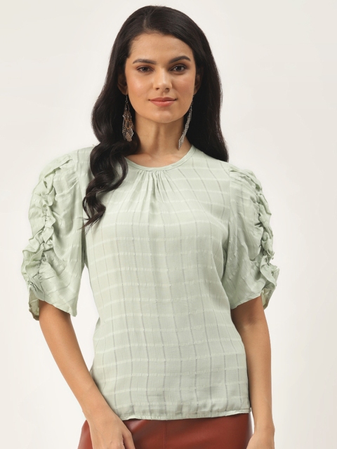 

TRENDYOL COLLECTION Women Green Self Checked Puff Sleeves Top