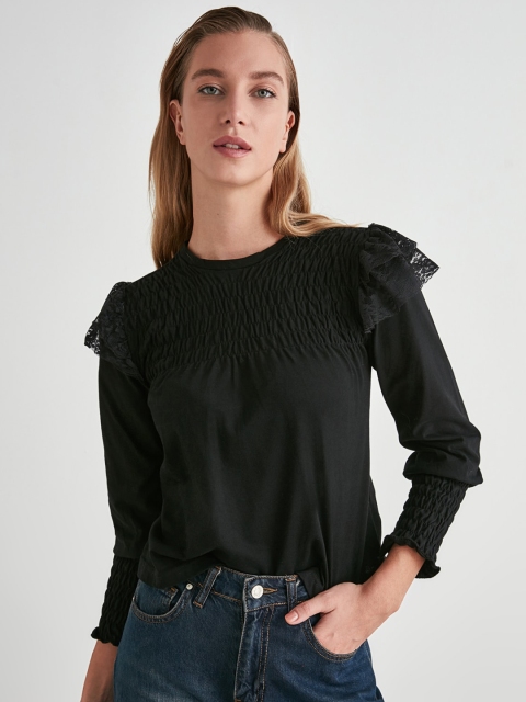 

Trendyol Black Solid Pure Cotton Puff Sleeves Smocked Top with Lace Inserts