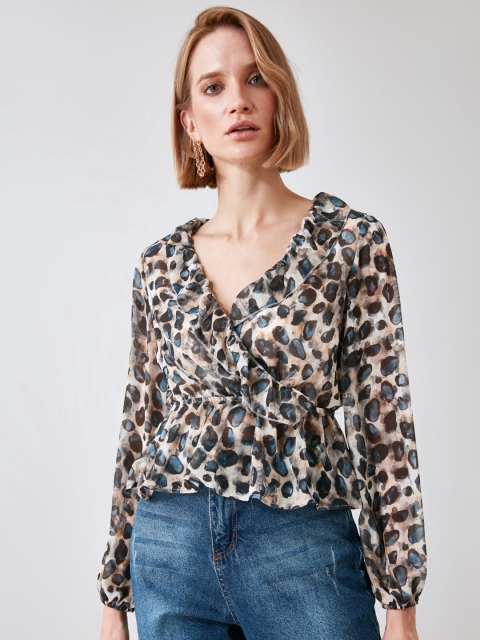 

TRENDYOL COLLECTION Women Beige & Navy Blue Animal Print Puff Sleeves Cinched Waist Top