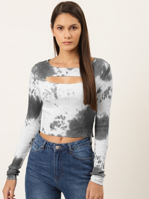 

TRENDYOL COLLECTION White & Grey Tie & Dyed Crop Top with Cut Out Detail
