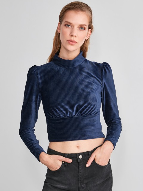 

Trendyol Navy Blue Self Striped High Neck Puff Sleeves Gathered Crop Top