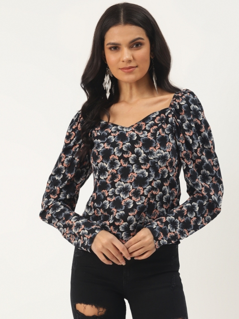 

Trendyol Women Black Peach-Coloured Floral Print Puff Sleeves Top