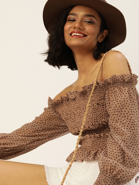 

Trendyol Camel Brown Printed Off-shoulder Bishop Sleeves Smocked Top