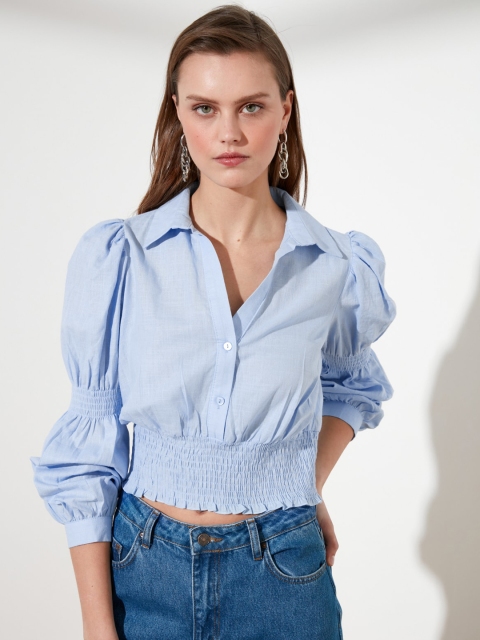 

TRENDYOL COLLECTION Women Blue Pure Cotton Solid Smocked Shirt Style Top