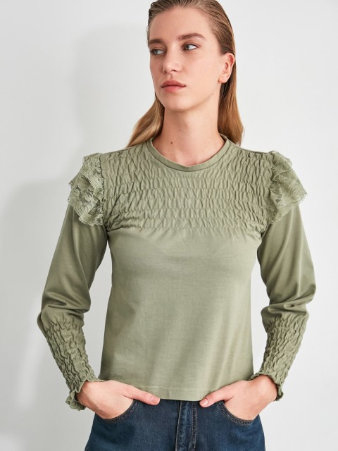 

Trendyol Olive Green Pure Cotton Puff Sleeves Smocked Top with Lace Inserts