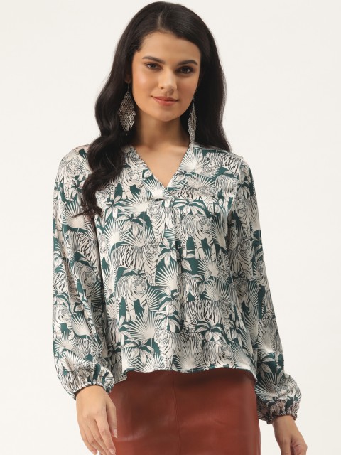 

TRENDYOL COLLECTION Women Green & White Printed V-Neck Top