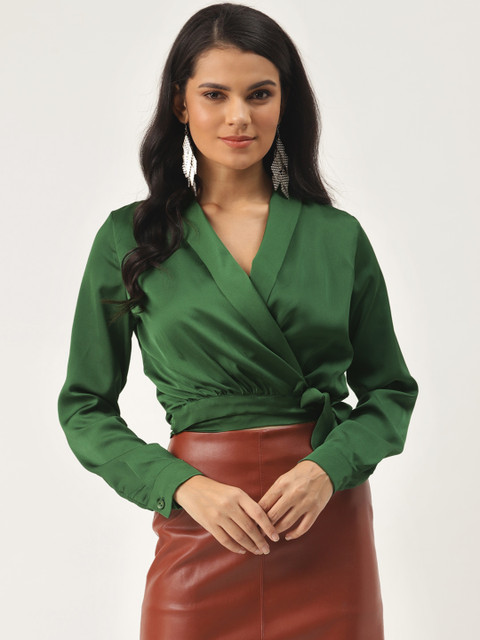 

TRENDYOL COLLECTION Women Green Solid Tie-Up Wrap Top
