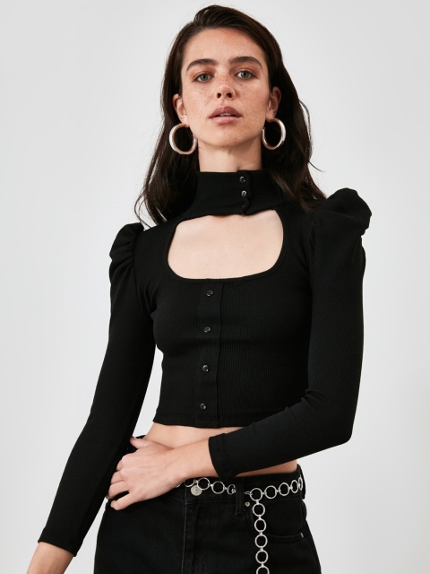 

TRENDYOL COLLECTION Black Solid Puff Sleeves High Neck Fitted Crop Top