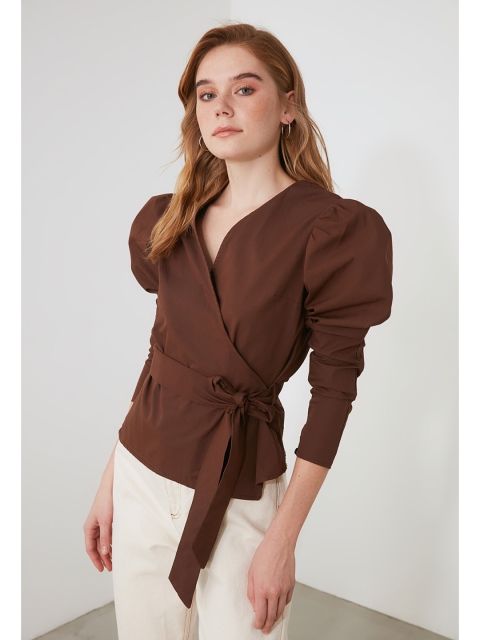 

Trendyol Collection Brown Bishop Sleeves Pure Cotton Regular Top