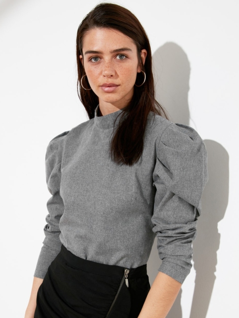 

Trendyol Women Grey Puff Sleeves Solid Top