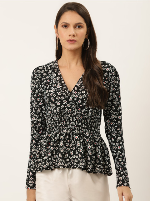 

TRENDYOL COLLECTION Black & White Floral Print V-Neck Smocked Top