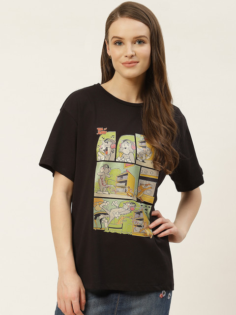 

Trendyol Women Black Green Tom Jerry Print Round Neck T-shirt
