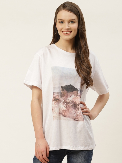 

Trendyol Women White Brown Printed Round Neck T-shirt