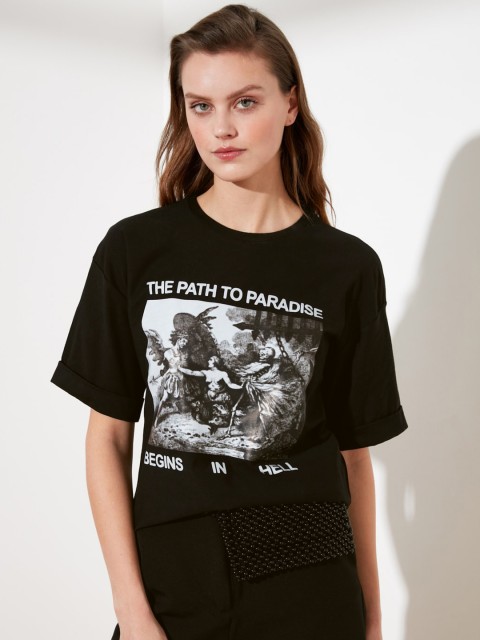 

TRENDYOL COLLECTION Women Black & White Printed Round Neck T-shirt