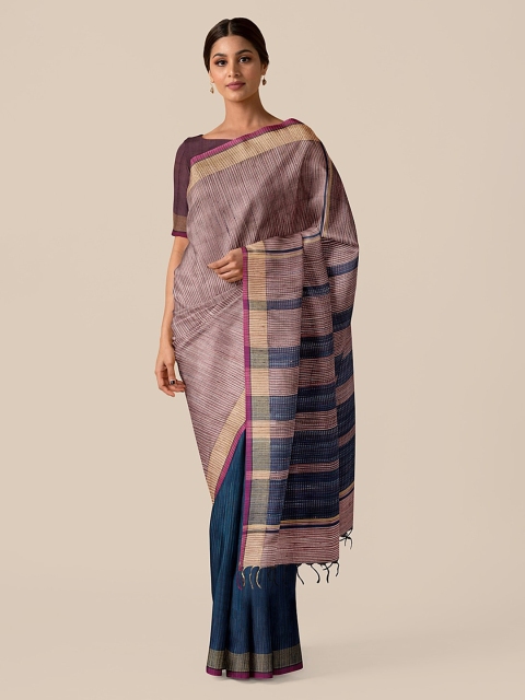 

Taneira Taupe & Blue Pure Silk Woven Design Bhagalpuri Saree