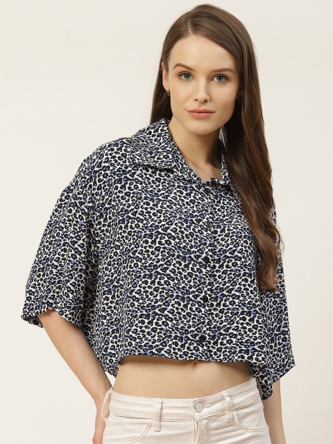 

TRENDYOL COLLECTION Women Blue & White Regular Fit Printed Crop Casual Shirt
