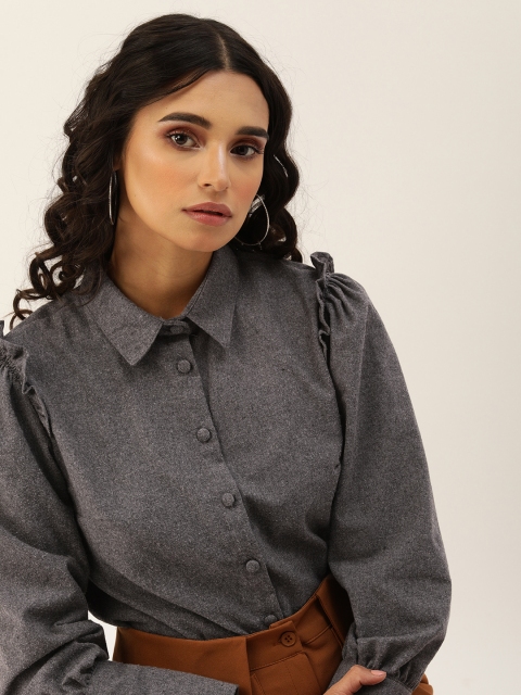 

TRENDYOL COLLECTION Women Grey Regular Fit Solid Casual Shirt with Ruffles