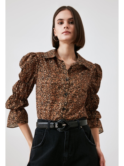 

Trendyol Women Mustard Yellow Black Regular Fit Printed Casual Shirt