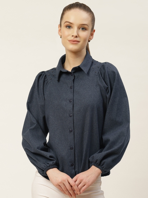 

TRENDYOL COLLECTION Women Navy Blue Regular Fit Solid Casual Shirt