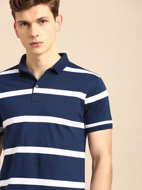 

ether Men Navy Blue Striped Polo Collar Pure Cotton T-shirt