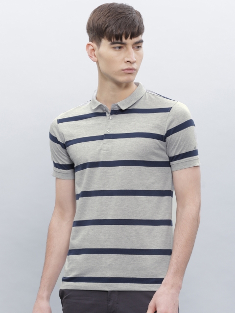 

ETHER Men Grey Melange & Navy Striped Polo T-Shirt