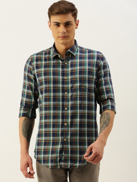 

Peter England Men Navy Blue & Green Slim Fit Checked Casual Shirt