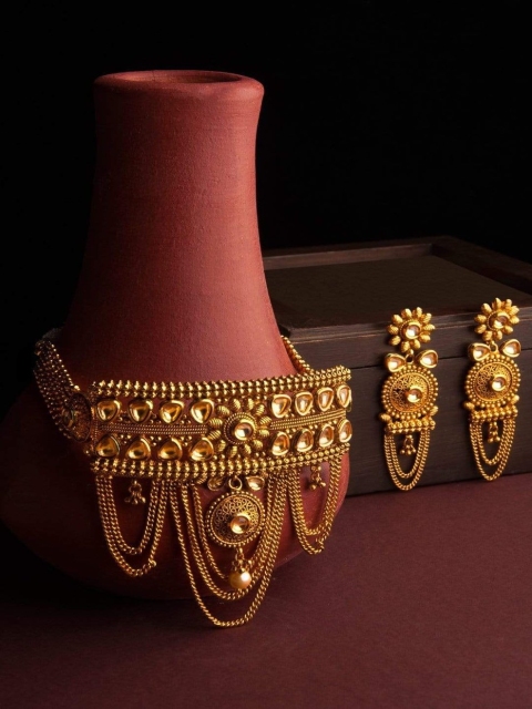 

Rubans Gold-Plated White & Green Kundan-Studded Enamelled Handcrafted Jewellery Set