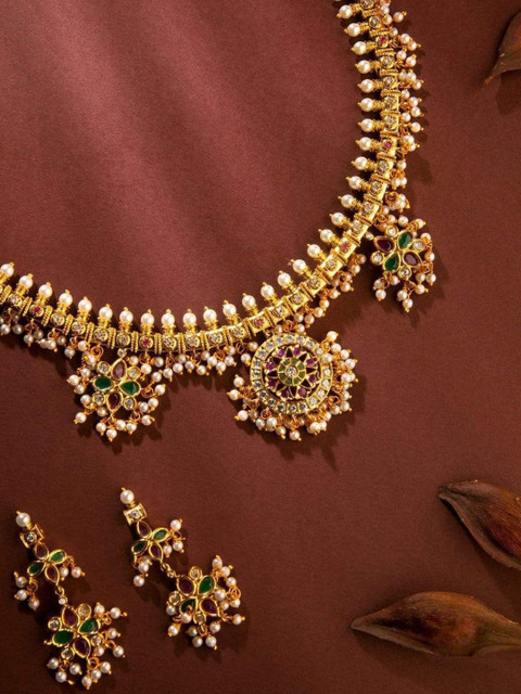 

Rubans Gold-Plated White & Pink Stone-Studded Beaded Handcrafted Jewellery Set