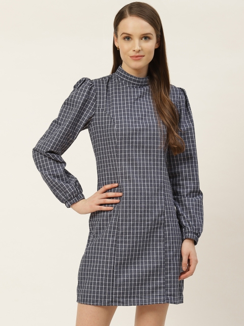 

Trendyol Women Navy White Cotton Checked Puff Sleeves Shift Dress, Navy blue