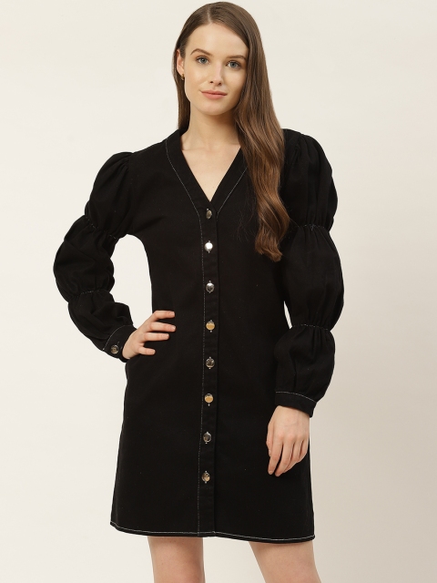 

Trendyol Women Black Pure Cotton Solid Denim A-Line Dress