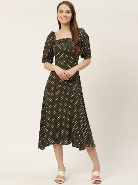 

TRENDYOL COLLECTION Women Olive Green & White Polka Dots Print A-Line Dress