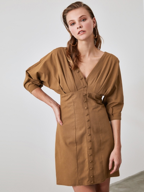 

Trendyol Women Camel Brown Solid Cotton Empire Dress with Pleats