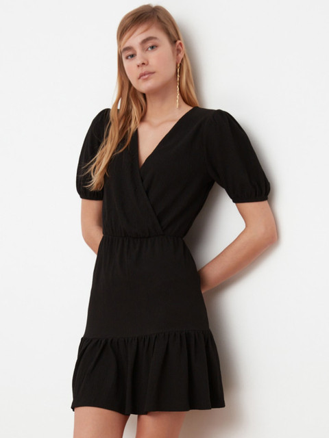 

Trendyol Women Black Self Design Cotton Puff Sleeves Wrap Dress