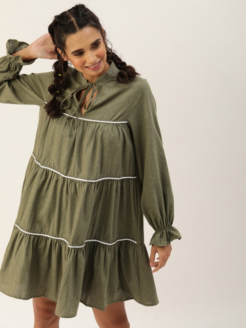 

Trendyol Women Olive Green Solid Tiered A-Line Dress