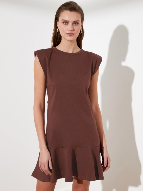 

Trendyol Women Pure Cotton Brown Solid A-Line Dress