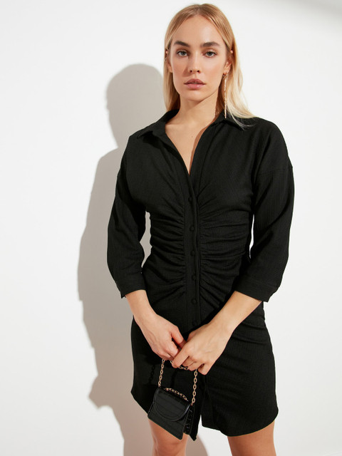 

TRENDYOL COLLECTION Women Black Solid Ruched Shirt Dress