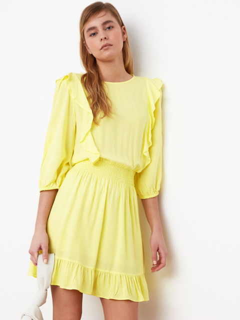 

Trendyol Women Yellow Solid Ruffled A-Line Dress