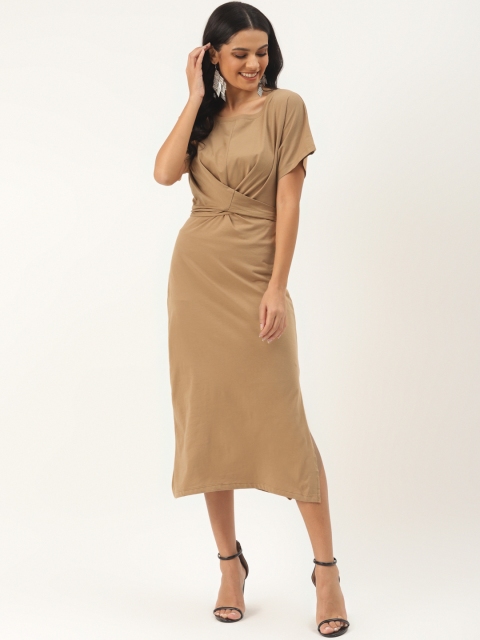 

TRENDYOL COLLECTION Women Beige Pure Cotton Solid Criss-Cross Tie-Up A-Line Dress