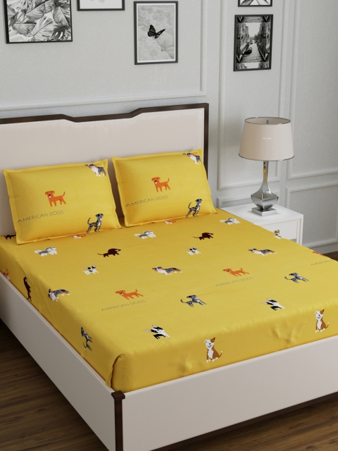 

DREAM WEAVERZ Yellow & Black Conversational 300 TC Cotton 1 King Bedsheet with 2 Pillow Covers