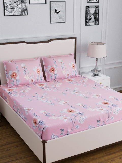 

DREAM WEAVERZ Pink & White Floral 300 TC Cotton 1 King Bedsheet with 2 Pillow Covers