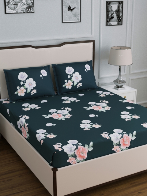 

DREAM WEAVERZ Teal Green Floral 300 TC Cotton 1 King Bedsheet with 2 Pillow Covers