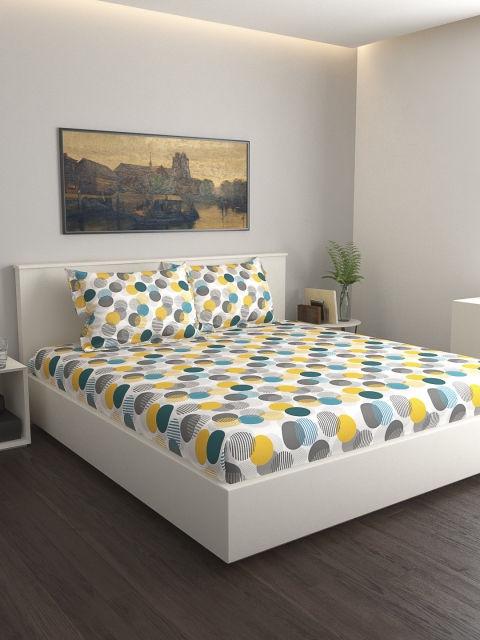 

GRES HOME White & Yellow Geometric 120 TC Cotton 1 Queen Bedsheet with 2 Pillow Covers