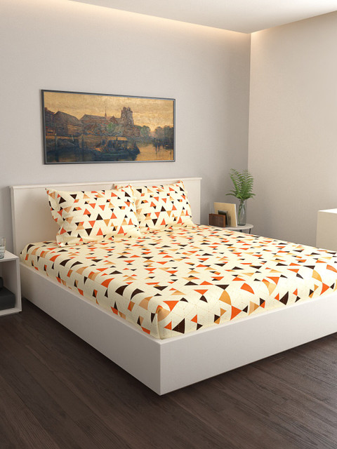 

GRES HOME Beige & Orange Geometric 120 TC Cotton 1 Queen Bedsheet with 2 Pillow Covers